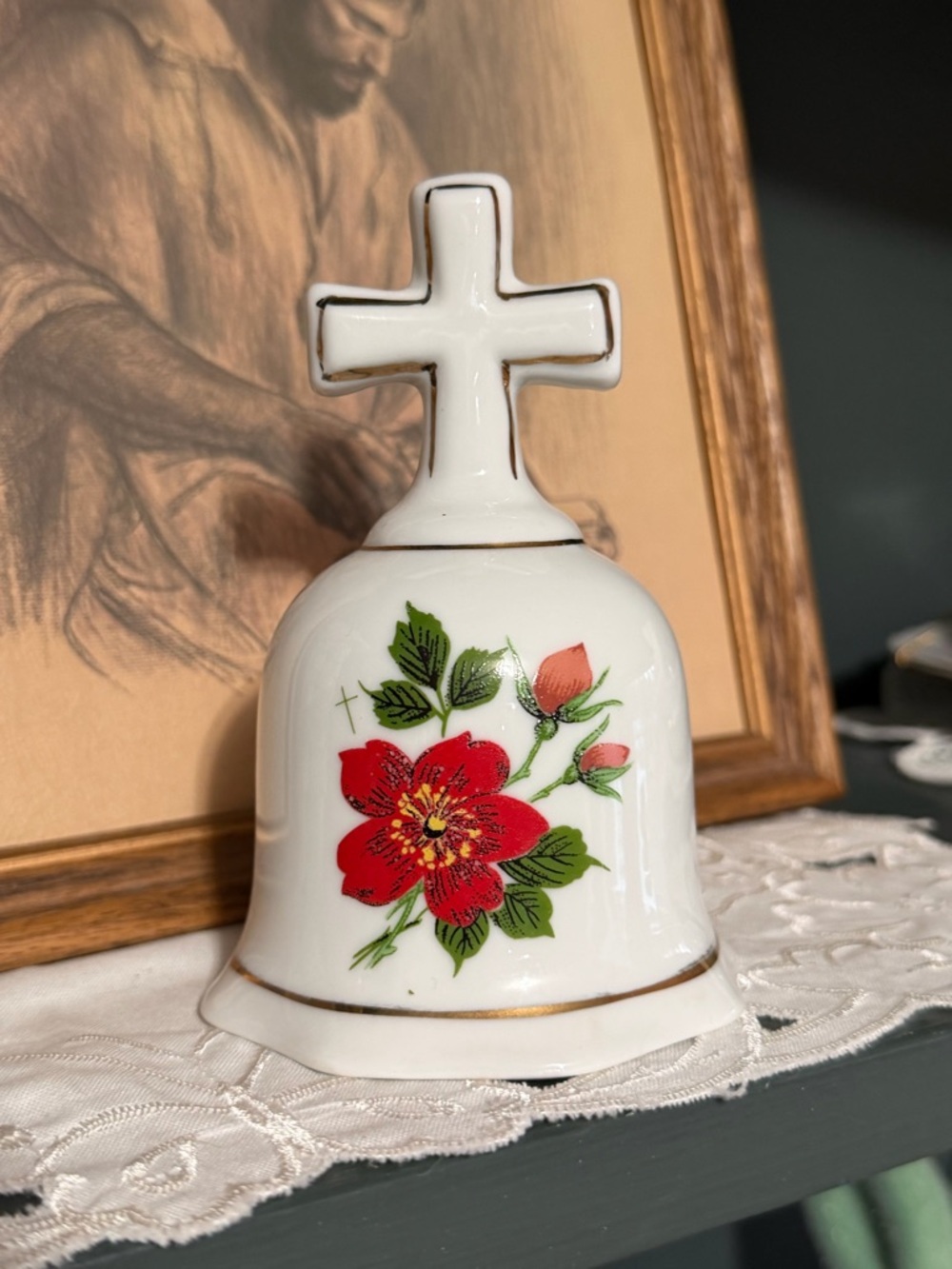 Porcelain Decorative Bell with Red Floral Motif